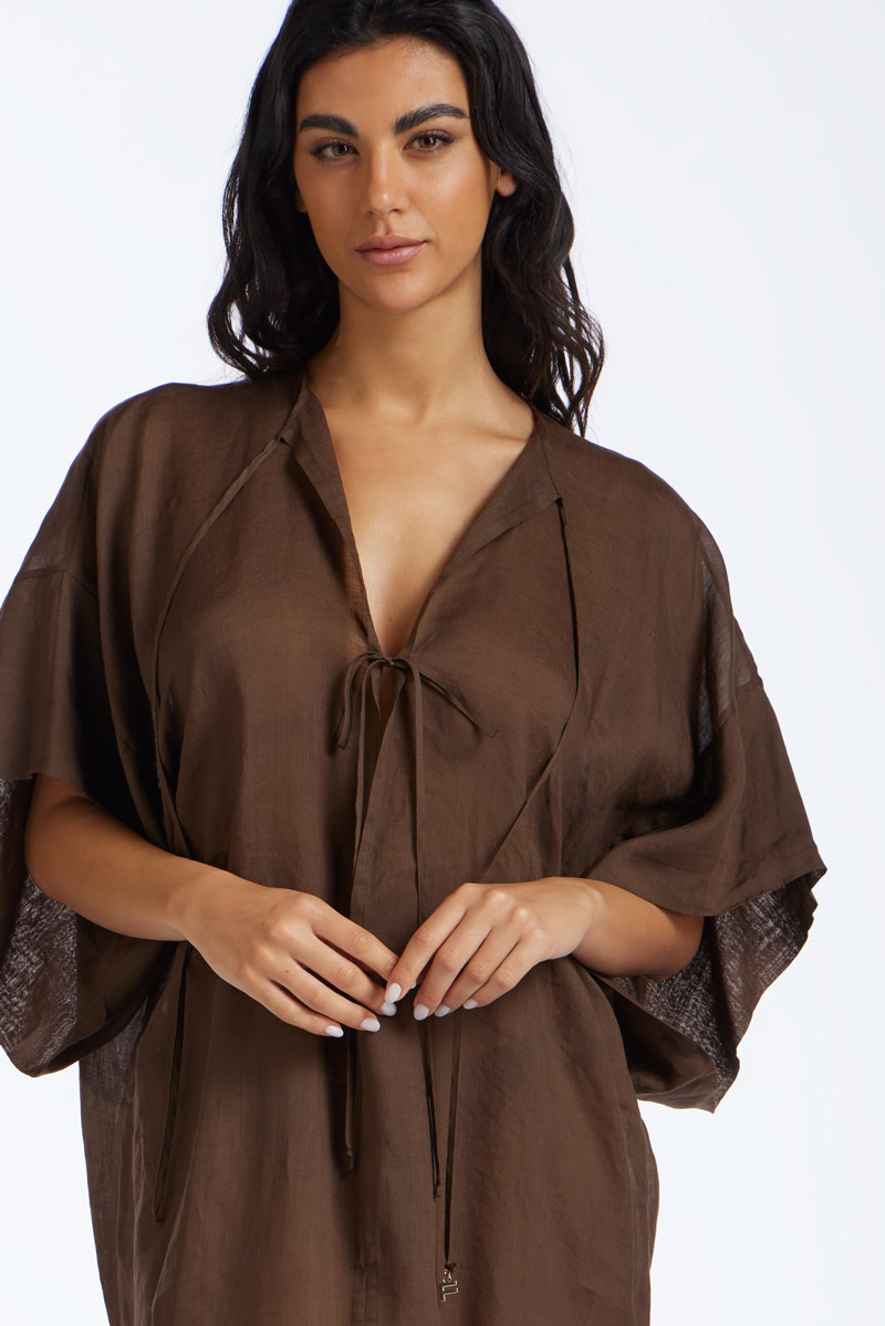 KAFTANO LUNGO IN LINO TINTA UNITA