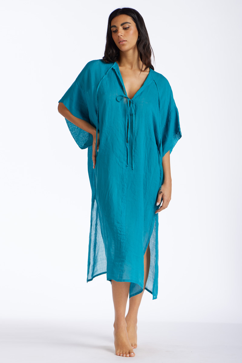 KAFTANO LUNGO IN LINO TINTA UNITA