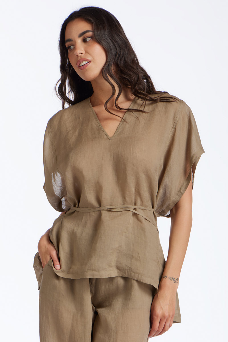 CAMICIA CORTA IN LINO TINTA UNITA